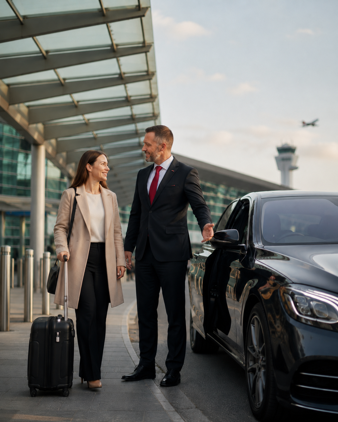 Driver greeting an airport passenger beside a private hire taxi